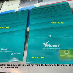 In trên nhựa, sản xuất Bìa lá nhựa, bìa nút nhựa, bìa lá có túi name card, POSM nhựa quảng cáo
